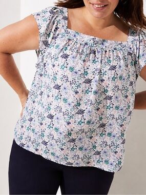 LOFT Floral Square-Neck Cap Sleeve Blouse Size Small